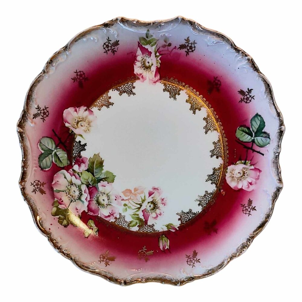 Vintage Porcelain Embossed Hand Painted Decorative Plate Deep Pink Floral Decor